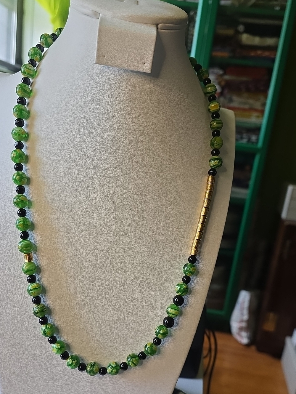 Green Glass Bead Necklace with Gold Accent - Women's Jewelry